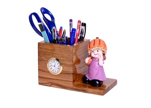 The Weaver's Nest Wooden Desk Organizer with Pen Stand and Clock with Single Compartment for Home and Office - Personalized Gift, Brown (18 x10x11cm)