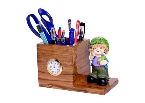 The Weaver's Nest Wooden Desk Organizer with Pen Stand and Clock with Single Compartment for Home and Office - Personalized Gift, Brown (18 x10x11cm)