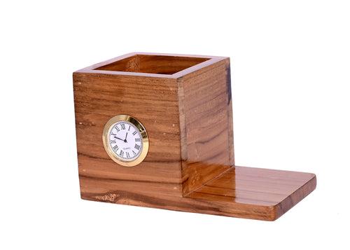 The Weaver's Nest Wooden Desk Organizer with Pen Stand and Clock with Single Compartment for Home and Office - Personalized Gift, Brown (18 x10x11cm)