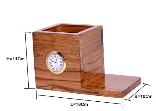 The Weaver's Nest Wooden Desk Organizer with Pen Stand and Clock with Single Compartment for Home and Office - Personalized Gift, Brown (18 x10x11cm)