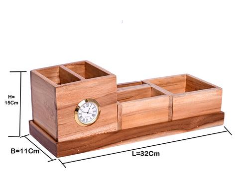 The Weaver's Nest Teak Wood Desk Organizer with Pen Stand, Clock, Mobile Phone Holder for Home and Office