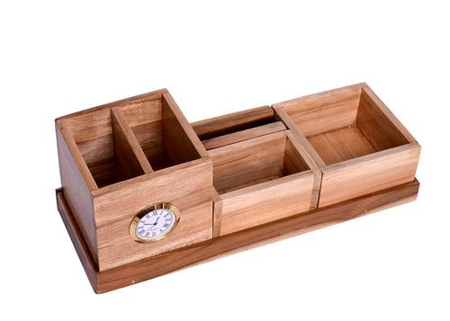 The Weaver's Nest Teak Wood Desk Organizer with Pen Stand, Clock, Mobile Phone Holder for Home and Office