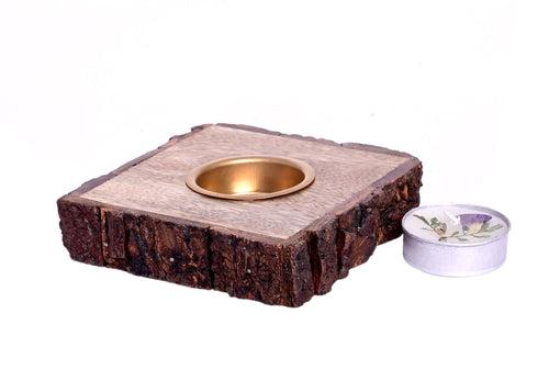 The Weaver's Nest Traditional Wooden Bark Handmade Tealight Candle Holder Set of Two for Home Decoration/ Festival Decor- Square Shaped Candle Stand