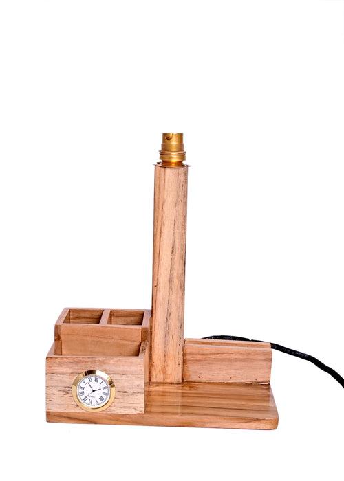 The Weaver's Nest Teak Wood Table Lamp with Clock and Storage for Home, Living Room, Bedroom, Study Room, Bedside Tables