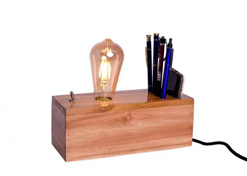 The Weaver's Nest Rustic Teak Wood Table Lamp with Pen Holder and Mobile Holder for Home , Offices, Hotels, and Restaurants (25 X 10 X10 cm)