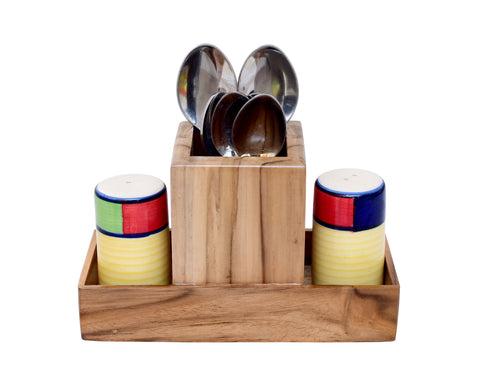 The Weaver's Nest Wooden Cutlery Holder with Salt and Pepper Shakers