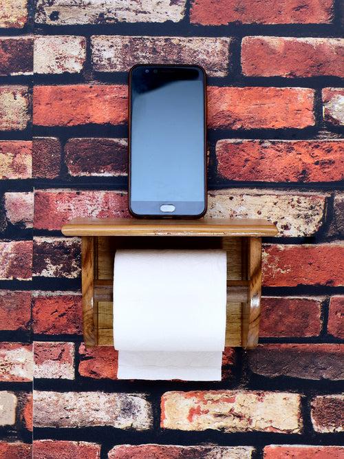 The Weaver's Nest Teak Wood Wall Mounted Toilet Paper Holder with Shelf for Restaurants, Hotels, Bathrooms and Washrooms.