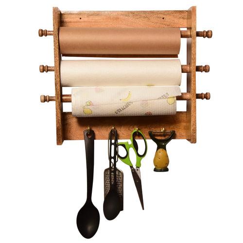 The Weaver's Nest Solid Wood Three in one  Paper Towel Roll Dispenser Holder / Tissue Paper Stand with Hooks