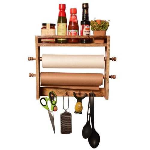 The Weaver's Nest Solid Wood Double Roll Paper Towel Holder / Tissue Paper Stand / Roll Dispenser with Spice Rack Shelf and Hooks for Kitchen