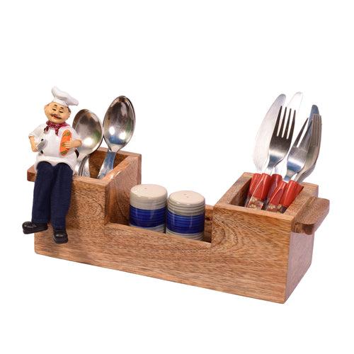 The Weaver's Nest Wooden Cutlery Holder with Salt & Pepper Shakers and Figurine for Kitchen, Dining Table, Restaurants (34 x 11 x 10 cm)