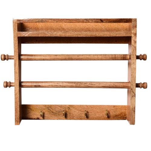 The Weaver's Nest Solid Wood Double Roll Paper Towel Holder / Tissue Paper Stand / Roll Dispenser with Spice Rack Shelf and Hooks for Kitchen