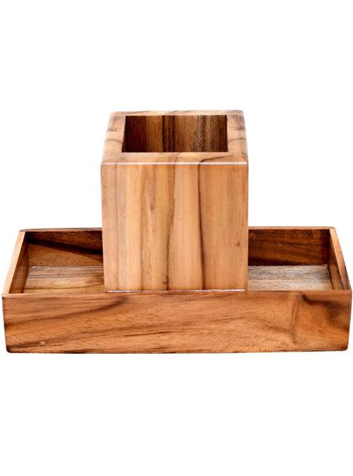 The Weaver's Nest Wooden Cutlery Holder with Salt and Pepper Shakers