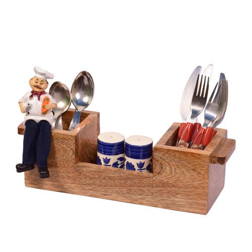 The Weaver's Nest Wooden Cutlery Holder with Salt & Pepper Shakers and Figurine for Kitchen, Dining Table, Restaurants (34 x 11 x 10 cm)