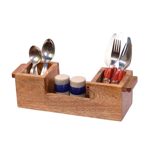 The Weaver's Nest Wooden Cutlery Holder with Salt & Pepper Shakers and Figurine for Kitchen, Dining Table, Restaurants (34 x 11 x 10 cm)