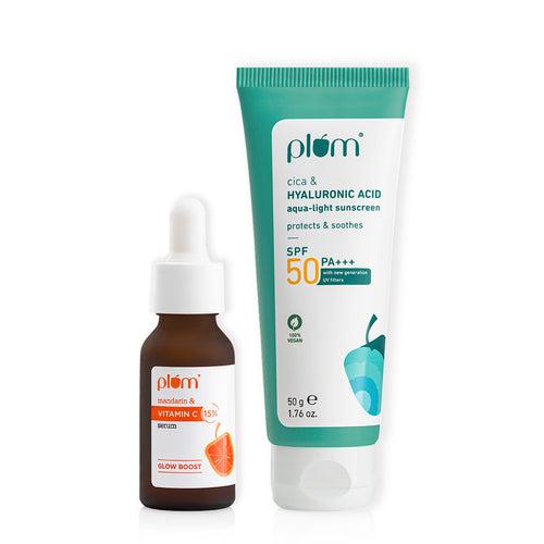 Glow & Protect Duo | 15% Vitamin C Serum 20ml, Cica & Hyaluronic Acid SPF 50 PA+++ Sunscreen 50g