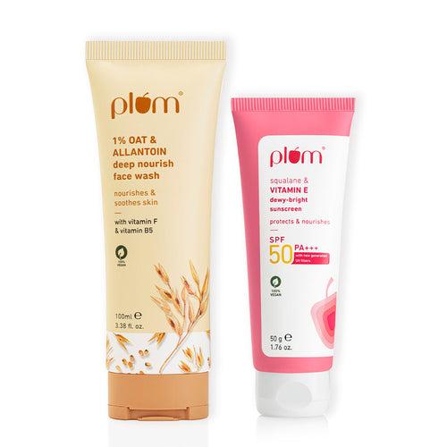 Cleanse & Protect Duo For Dry Skin | 1% Oat & Allantoin Face Wash 100ml, Squalane & Vitamin E SPF 50 PA+++ Sunscreen 50g