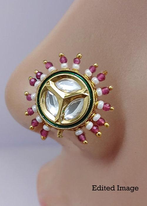 Kundan Nosepin(Darkpink-Green)