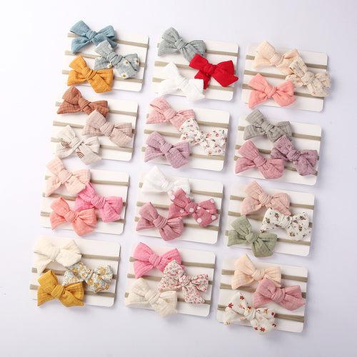 1E 3Pcs/Lot Muslin Cotton Bow Hair Tie Headband Newborn Girl Flower Print Nylon Safety Hairbands Korea Kids Headband