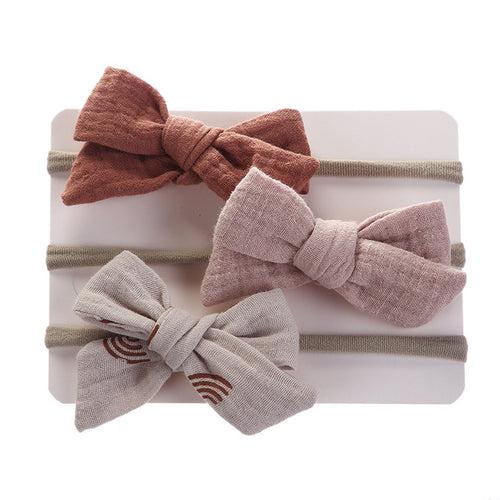 1E 3Pcs/Lot Muslin Cotton Bow Hair Tie Headband Newborn Girl Flower Print Nylon Safety Hairbands Korea Kids Headband