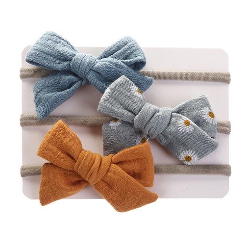 1E 3Pcs/Lot Muslin Cotton Bow Hair Tie Headband Newborn Girl Flower Print Nylon Safety Hairbands Korea Kids Headband