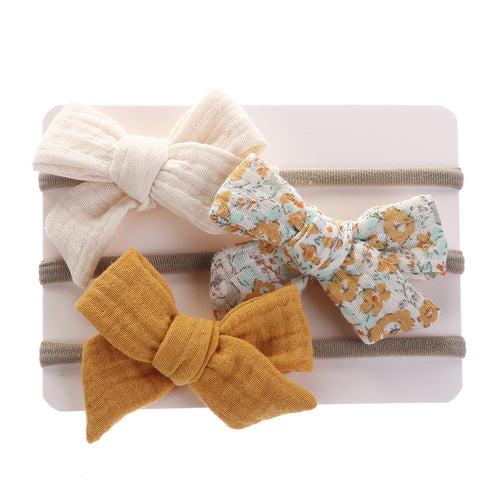 1E 3Pcs/Lot Muslin Cotton Bow Hair Tie Headband Newborn Girl Flower Print Nylon Safety Hairbands Korea Kids Headband