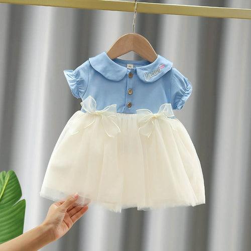 1C New Summer Baby Girls Dresses Casual Cute Denim Skirt Princess Tutu Bowknot Mesh Kids Dresses 1-4 Years Old