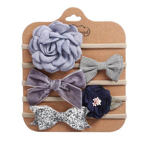 1E Set of 5 Lovely Floral Bow Headbands for Girls with Soft Elastic, Perfect for Newborns, Toddlers, and Princesses