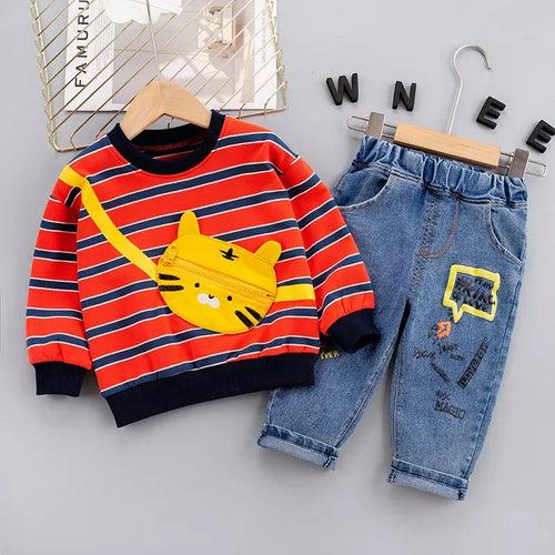 1C Winter new children's clothing children's round neck striped T-shirt casual denim pants suit toddler clothes