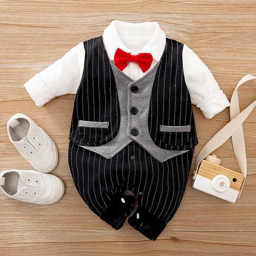 1B baby boy birthday wedding clothes, tie, striped vest, baby romper, nice gentleman jumpsuit, kids clothes