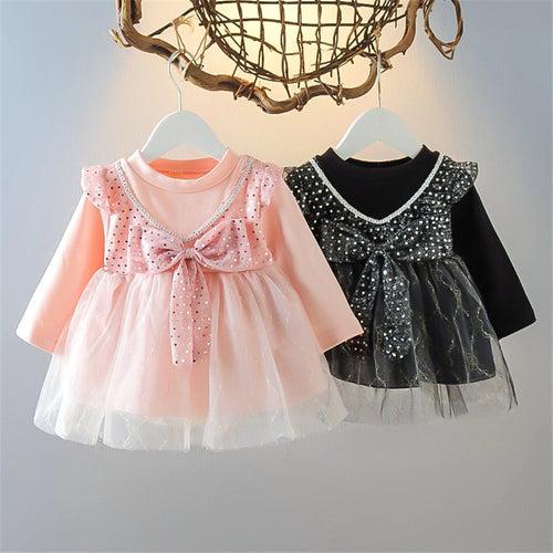 1C 2022 Spring Autumn Baby Girls Long Sleeve A-Line Dress Cute Bowknot Lace Princess Dress