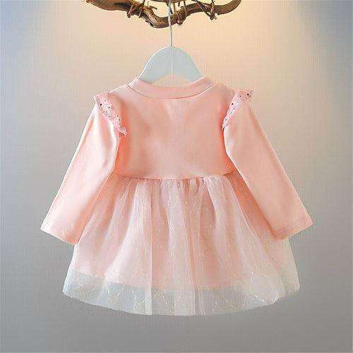 1C 2022 Spring Autumn Baby Girls Long Sleeve A-Line Dress Cute Bowknot Lace Princess Dress