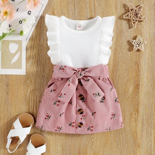 1B Baby Girls 2 Piece Skirt Set, Round Neck Sleeveless Ruffle Shirt, Floral Waist Belt Short Skirt, Toddler Summer Outfits