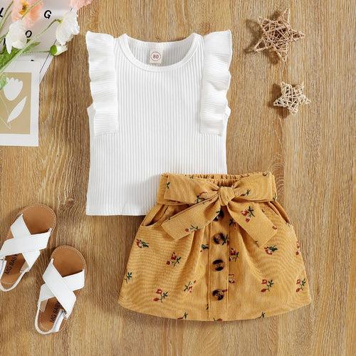 1B Baby Girls 2 Piece Skirt Set, Round Neck Sleeveless Ruffle Shirt, Floral Waist Belt Short Skirt, Toddler Summer Outfits