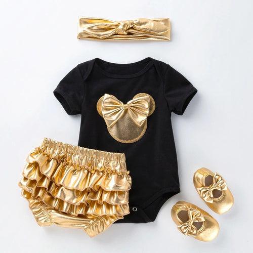 1G Golden 4pcs Set Baby Girl Clothing Sets Newborn Girls Romper + PP Pants + Headband + Shoes Kids Clothes  New Baby Costumes