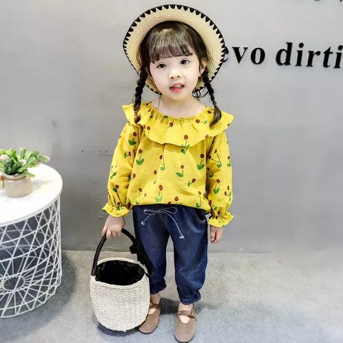 1C Korean style cute kids girls clothes tops + jeans two pieces baby clothes set