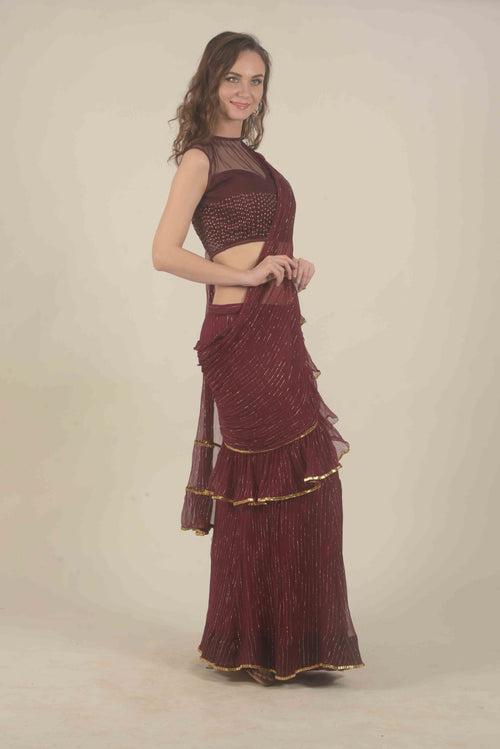 Wine Chiffon Gotawork Saree