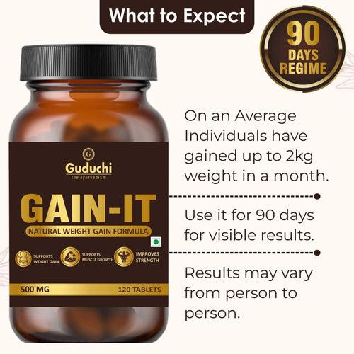 Guduchi Ayurveda GAIN-IT for Natural Weight & Muscle Gain & Bone Strength | For Under weight men and women | 500mg X 120 Tabs