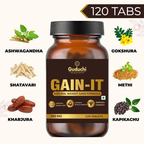 Guduchi Ayurveda GAIN-IT for Natural Weight & Muscle Gain & Bone Strength | For Under weight men and women | 500mg X 120 Tabs