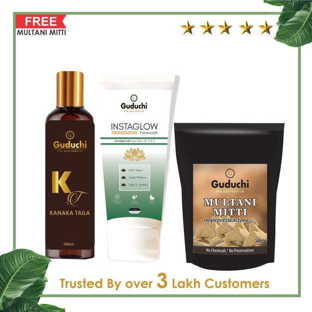 Guduchi Ayurveda Golden Beauty Trio: Kanaka Taila, Insta Glow, Multani Magic