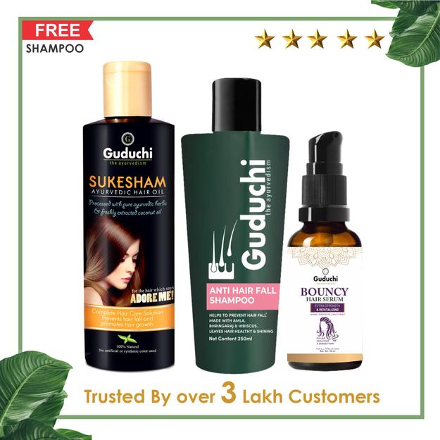 Hair Fall Defenders: Guduchi's Sukesham Oil, Anti Hairfall Shampoo & Bouncy Hair Serum Combo