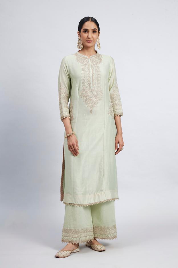 Aadah- Mint Green Embroidered Princess-Cut Kurta Set (RTS)