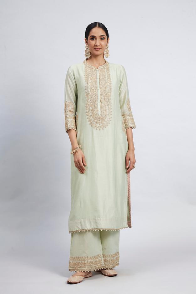 Aadirah- Mint Green Princess-Cut Long Kurta Set (RTS)