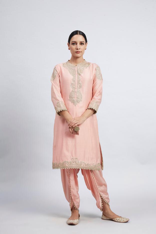 Aabisah- Carnation Pink Embroidered Kurta With Dhoti (RTS)