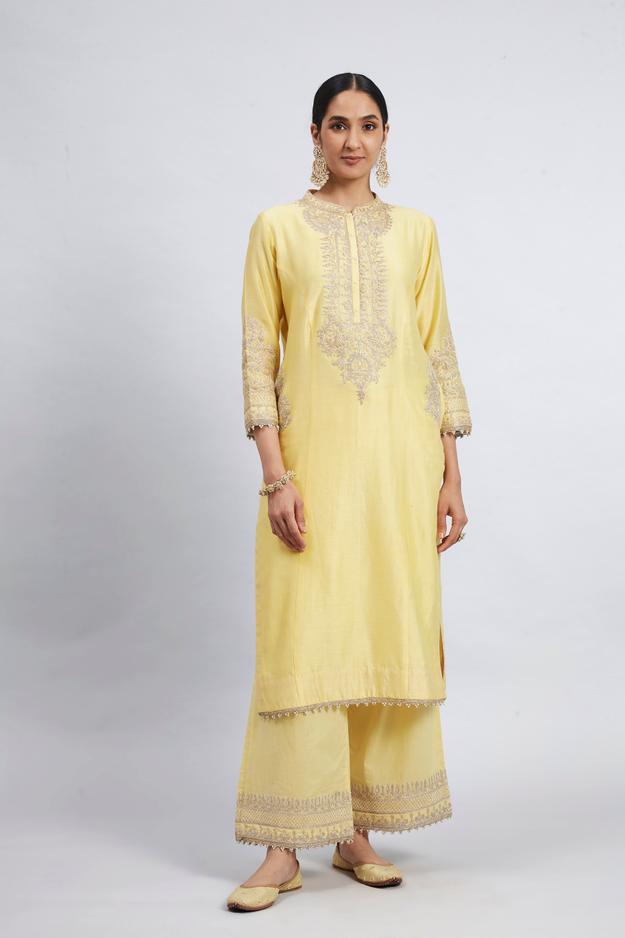 Aadah- Light Yellow Princess-Cut Long Kurta Set (RTS)