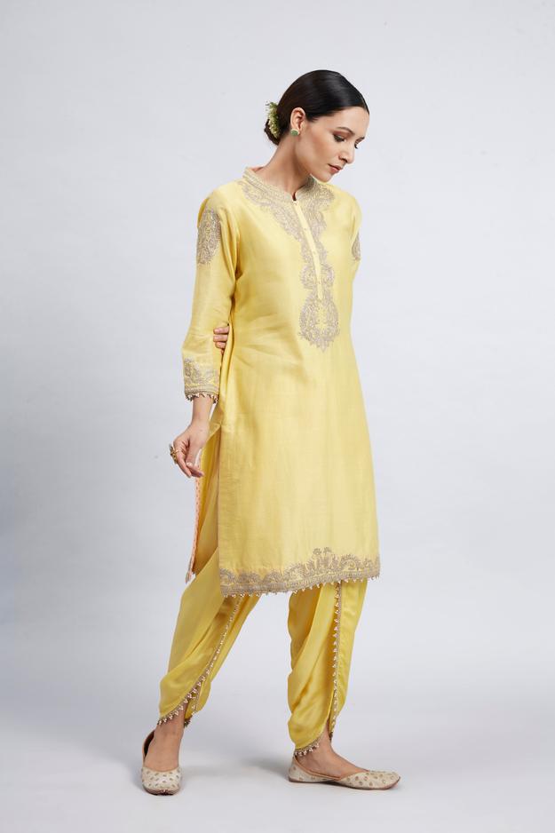 Aabisah- Daffodil Yellow Embroidered Kurta With Dhoti (RTS)