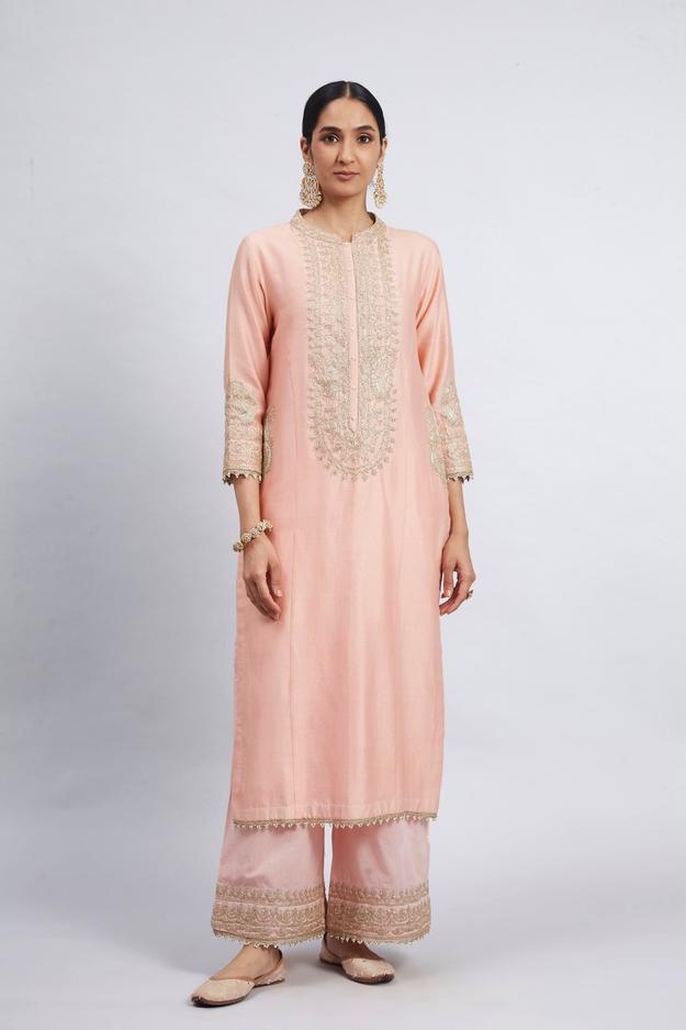 Aadirah- Carnation Pink Embroidered Kurta Set With Side Pockets (RTS)