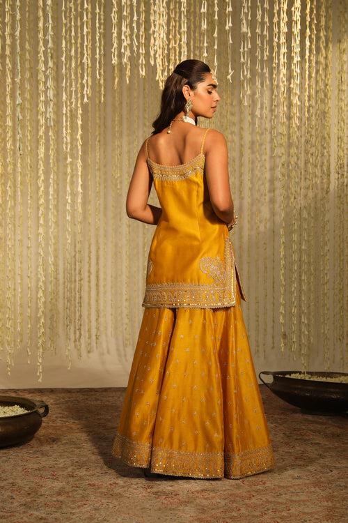 Medha Das In AABROO - GLAZE MUSTARD SHORT KURTA WITH SHARARA AND DUPATTA