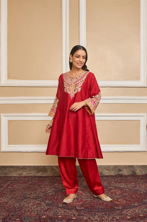 MEHRISH - DEEP RED SHORT KALIDAAR CHOGA WITH SALWAR (RTS)