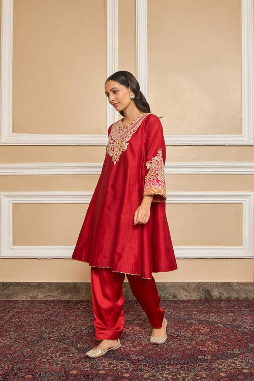 MEHRISH - DEEP RED SHORT KALIDAAR CHOGA WITH SALWAR (RTS)