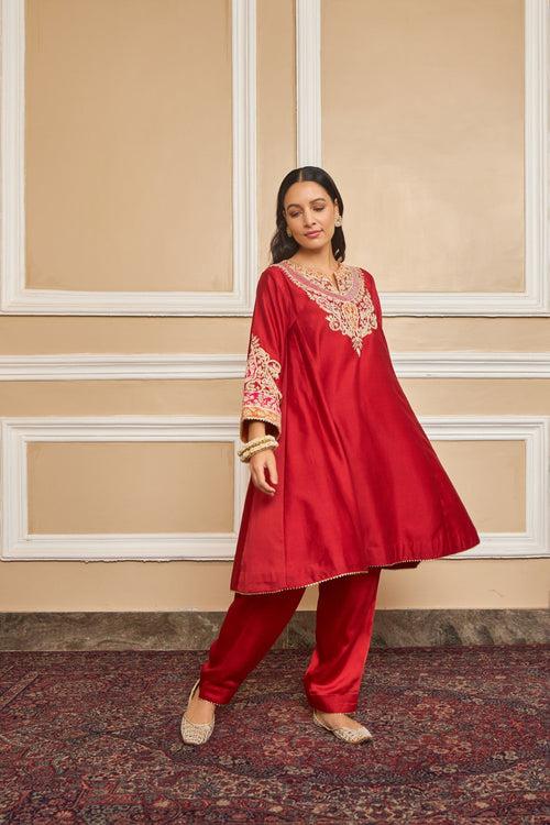 MEHRISH - DEEP RED SHORT KALIDAAR CHOGA WITH SALWAR (RTS)